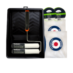 Bedroom and hallway painting kit with heavy-duty paint tray, roller frame, two 270mm microfibre roller covers (15mm nap), two rolls of 36mm iQuip Envo masking tape, and plastic drop sheets for interior wall painting projects.