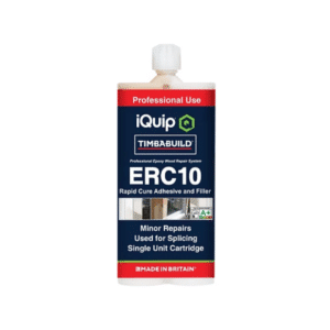 iQuip Timbabuild ERC10 epoxy adhesive and filler cartridge mockup for timber repair, used for splicing and restoring damaged wood sections