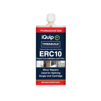 iQuip Timbabuild ERC10 epoxy adhesive and filler cartridge mockup for timber repair, used for splicing and restoring damaged wood sections